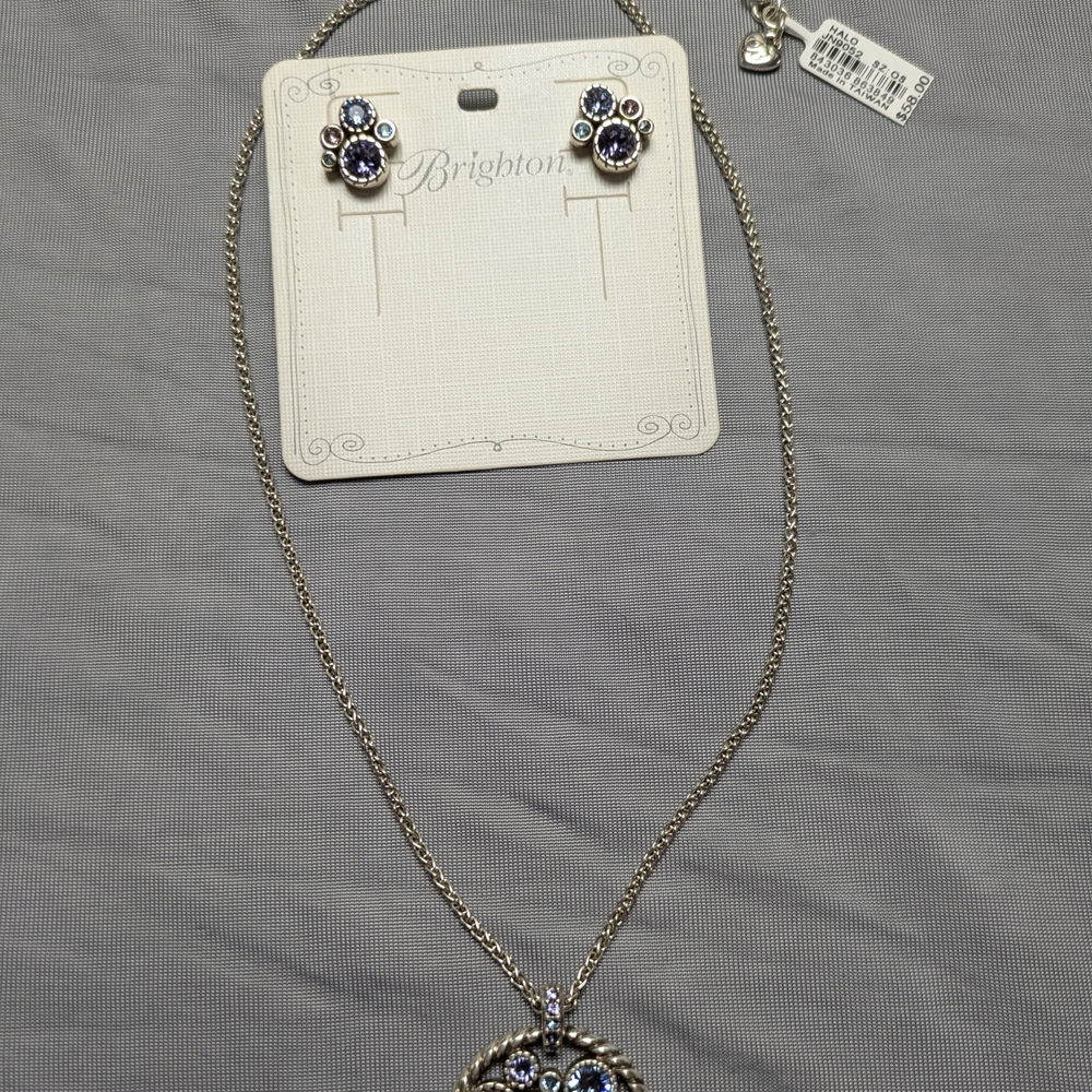 Brighton Halo Silver Necklace with Blue and Purple Accents Matching Stud Earring